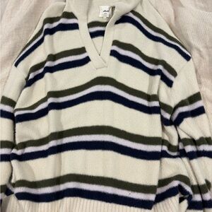Aerie V-Neck Stripe Sweater in Cream, Navy & Olive